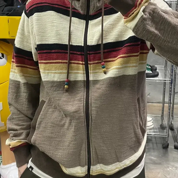 [BUNJANG] PowerToPeople Ethnic Stripe Hooded Zip-Up Sweatshirt / PowerToPeople 에스닉 스트라이프 후드 집업