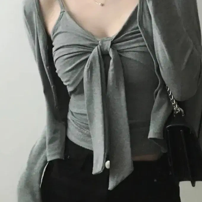 [BUNJANG] Ribbon Twist Two-Piece Set / 리본 꼬임 나시 가디건 투피스set