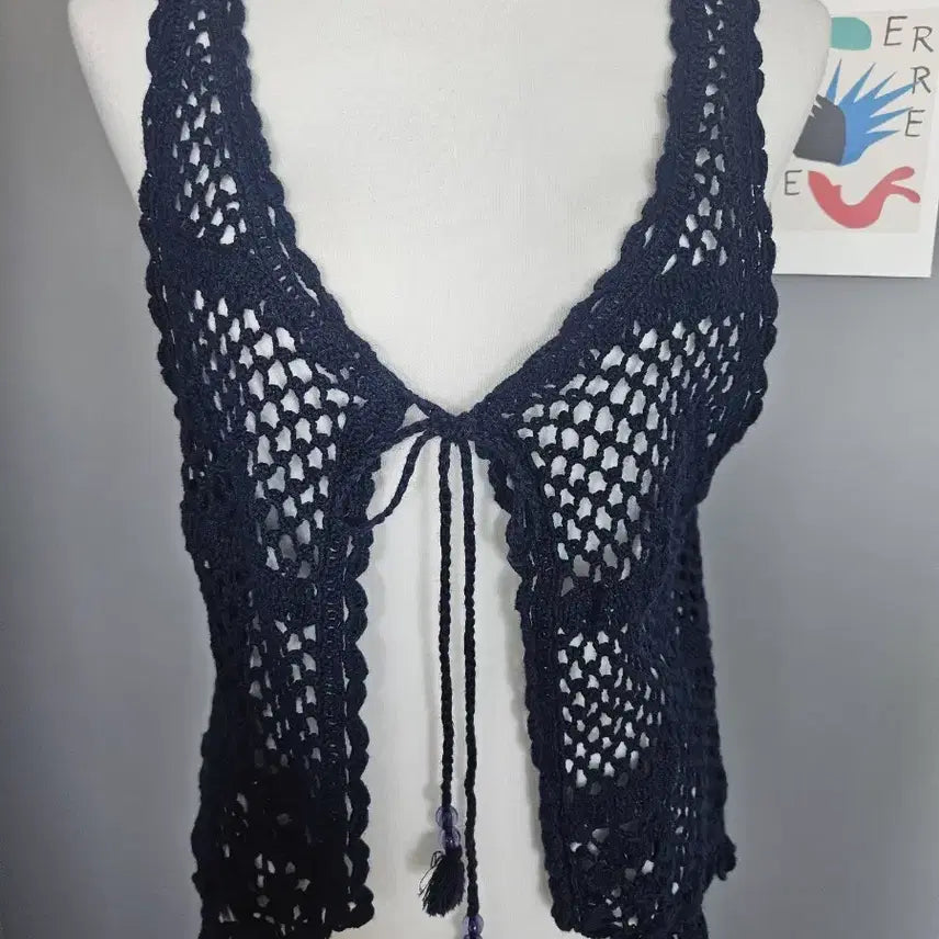 [BUNJANG] Navy Crochet Knit Vest / 네이비 크로셰 뜨개 조끼