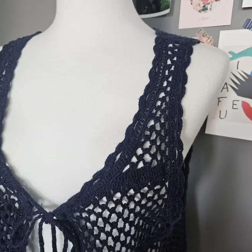 [BUNJANG] Navy Crochet Knit Vest / 네이비 크로셰 뜨개 조끼