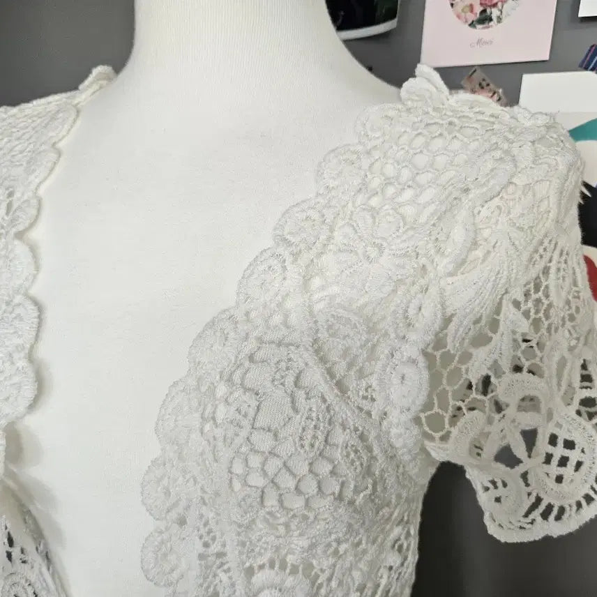 [BUNJANG] White Lace Short Sleeve Bolero Cardigan / 화이트 레이스 반팔 볼레로 가디건
