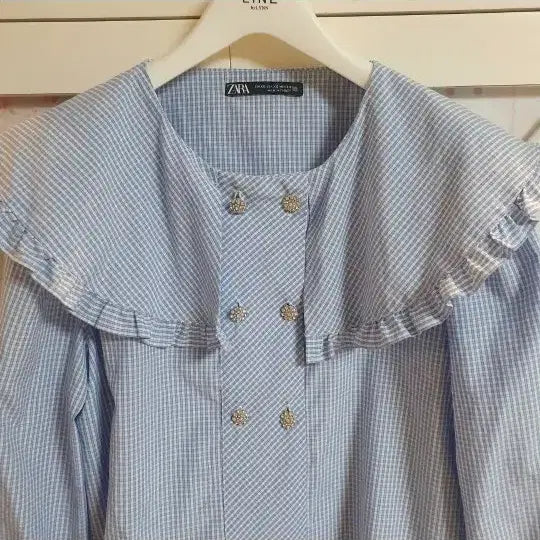 [BUNJANG] Zara Frill Blouse - Sky Blue Striped / 자라 프릴 블라우스/55