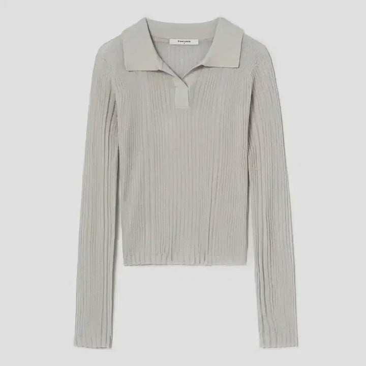 [BUNJANG] Ribbed Sheer Collar Knit Top / 골지 시어 칼라 니트
