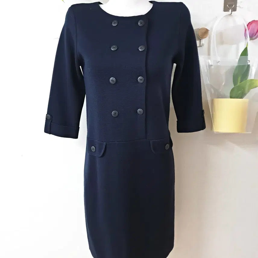[BUNJANG] BCBG Double-Breasted Knit Dress / BCBG 7부 더블버튼 니트원피스 55 미디 네이비