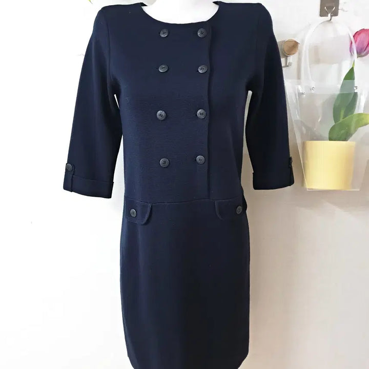 [BUNJANG] BCBG Double-Breasted Knit Dress / BCBG 7부 더블버튼 니트원피스 55 미디 네이비
