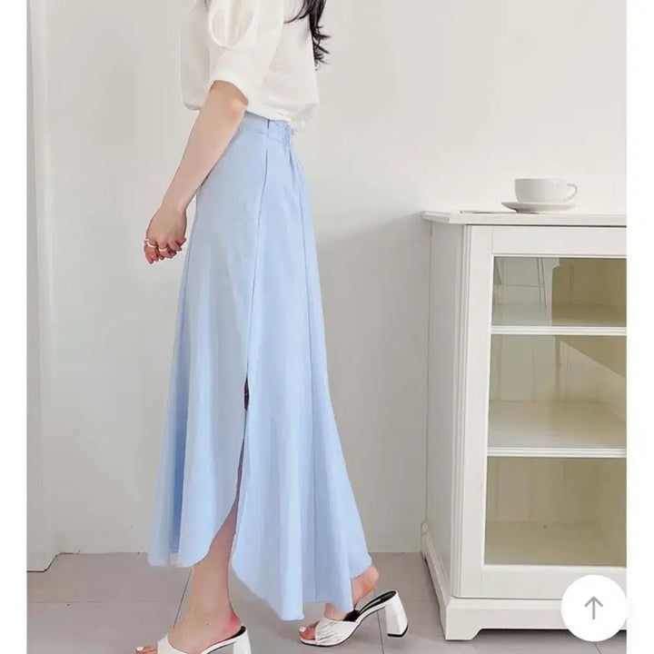 [BUNJANG] Sky Blue Long Skirt A-Line / 하늘색 롱 스커트 언발  트임 A라인 휴양지 데일리
