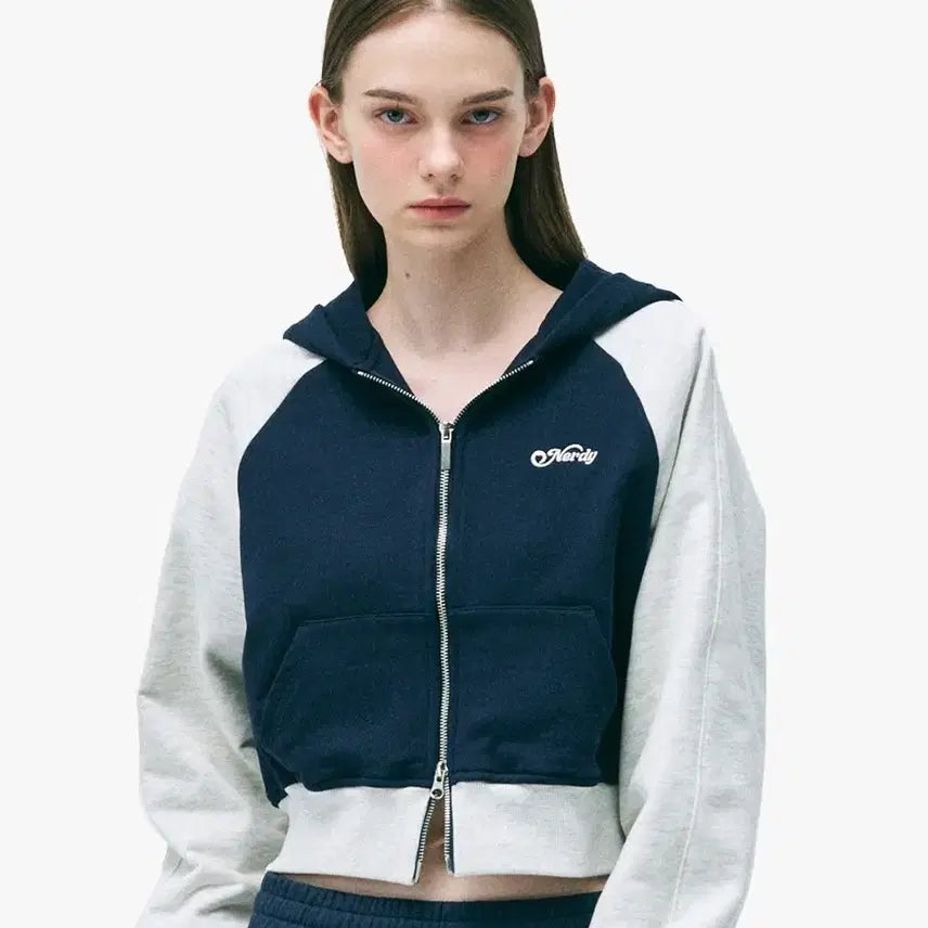 [BUNJANG] Nerdy Raglan Crop Hoodie Zip-up Navy / 널디 래글런 크롭 후드집업 네이비