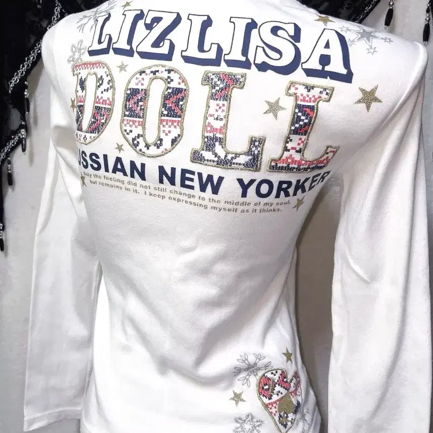 [SOLD OUT] 리즈리사돌 헤이세이 갸루 키치 펑크 핀터 레터링 글리터 핀터 긴팔탑