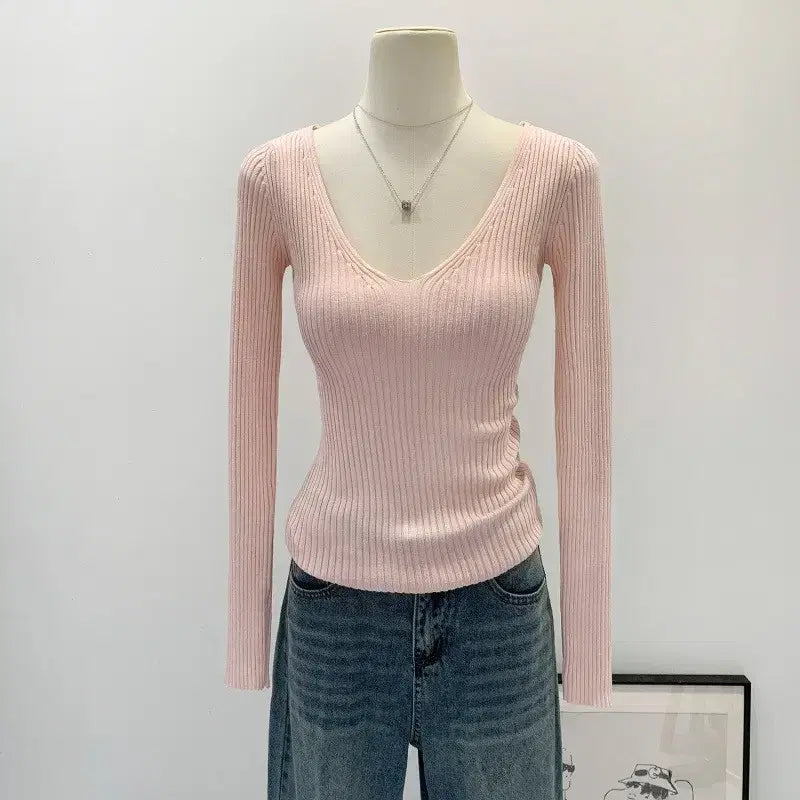 [BUNJANG] V-Neck Ribbed Knit Top - Pink / [새상품/바로발송] 소프트 벚꽃 V넥 골지 스판 긴팔 니트티 핑크