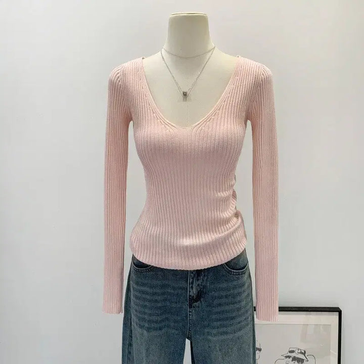 [BUNJANG] V-Neck Ribbed Knit Top - Pink / [새상품/바로발송] 소프트 벚꽃 V넥 골지 스판 긴팔 니트티 핑크