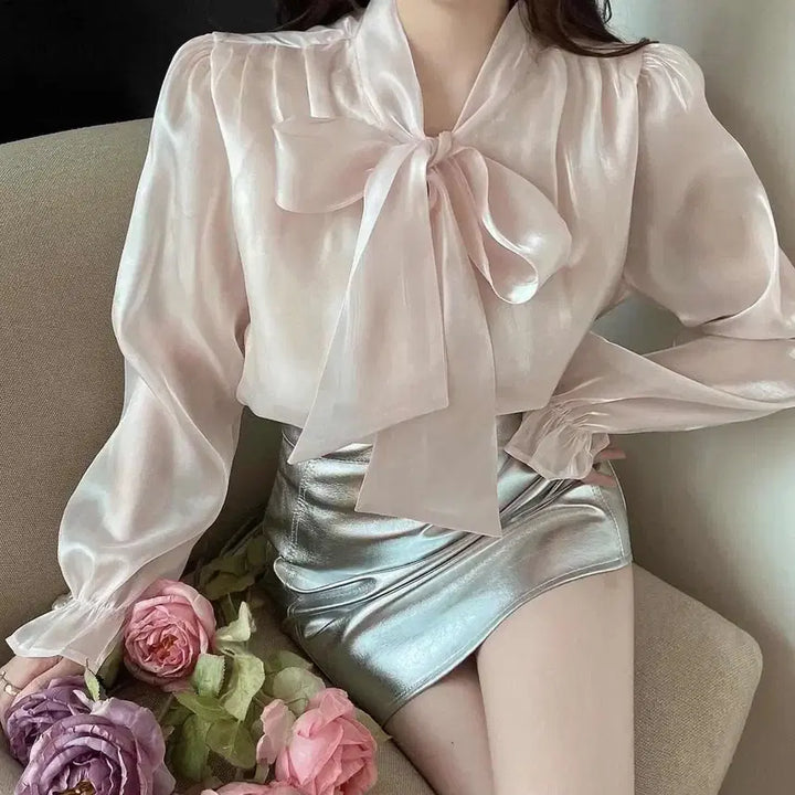 [BUNJANG] Elegance Ribbon Tie Sheer Blouse - Pink / [새상품/*빠른배송*] 엘레강스 리본 타이 시스루 블라우스 핑크