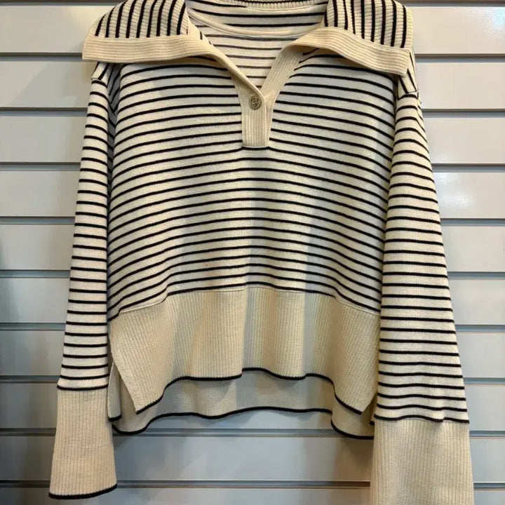[BUNJANG] Striped Collar Knit Long Sleeve T-shirt / 단가라 카라넥 니트 긴팔티