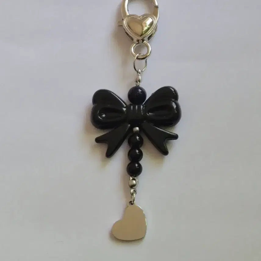 [BUNJANG] Black Ribbon Keyring / Silver Heart Clasp Bag Key Holder / 블랙 리본 키링 / 실버 하트 고리 가방 키홀더