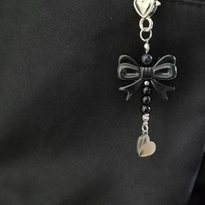 [BUNJANG] Black Ribbon Keyring / Silver Heart Clasp Bag Key Holder / 블랙 리본 키링 / 실버 하트 고리 가방 키홀더
