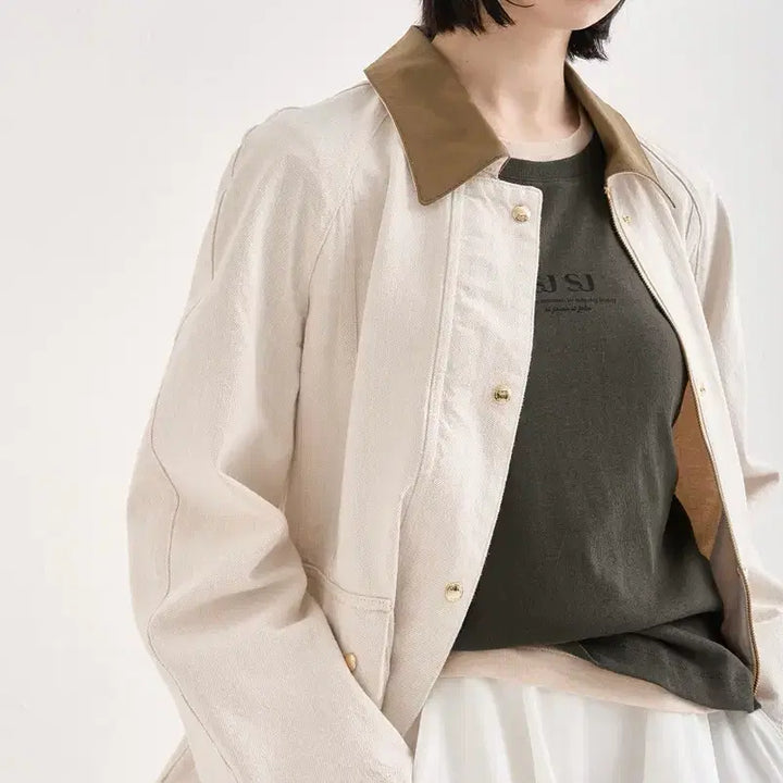 [BUNJANG] SJSJ Color Block Denim Jacket (Oatmeal) / 한섬 sjsj 컬러 블록 데님 자켓(오트밀)