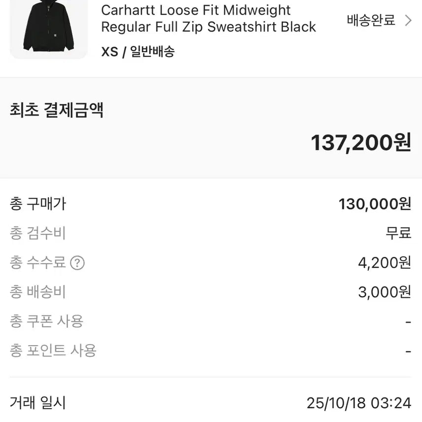 [SOLD OUT] 칼하트 루즈핏 미드웨이트 후드집업 블랙 xs