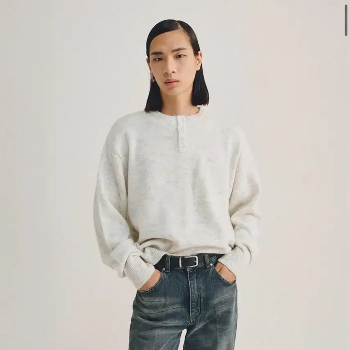 [BUNJANG] ELMOOD Pablo Brushed Mohair Wool Henley Neck Knit (Size 44) / 엘무드-파블로 브러시드 모헤어 울 헨리넥 니트 (44)