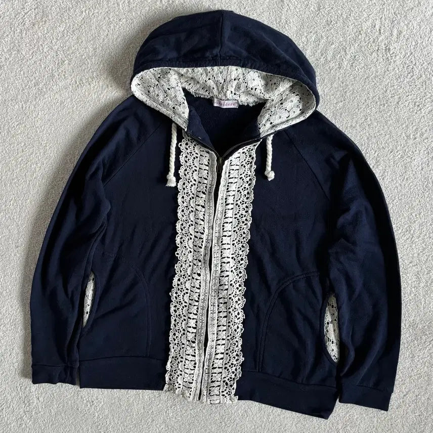 [BUNJANG] Sorridere Navy Lace Point Hooded Zip-Up Jacket / 일본빈티지 sorridere 네이비 레이스포인트 후드집업