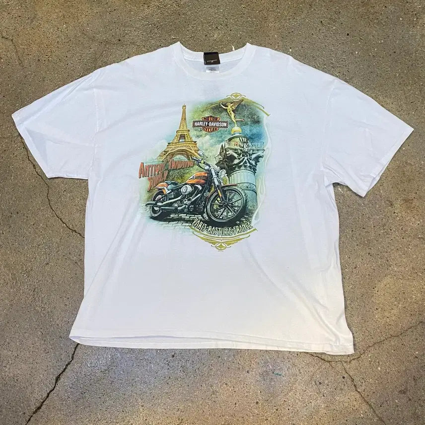 [BUNJANG] Harley Davidson Paris Printed Vintage T-shirt / 미국 빈티지 할리데이비슨 파리 프린팅 레어 반팔티 흰티셔츠