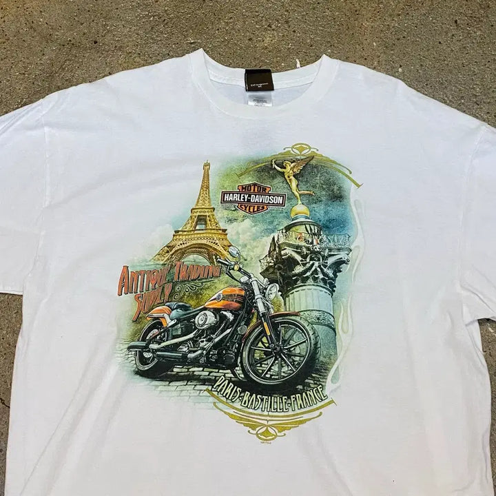 [BUNJANG] Harley Davidson Paris Printed Vintage T-shirt / 미국 빈티지 할리데이비슨 파리 프린팅 레어 반팔티 흰티셔츠