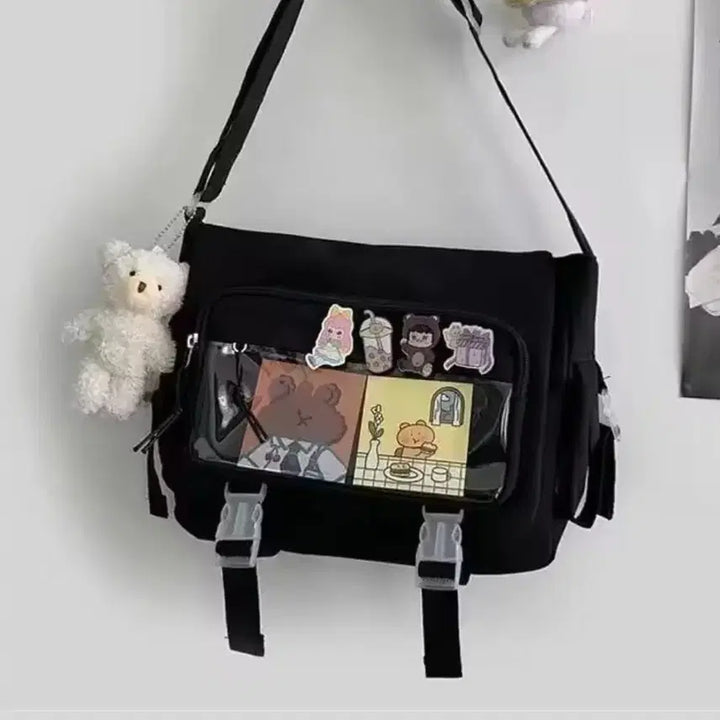[BUNJANG] Black Ita Bag with Badge and Mini Doll / (새상품) 굿즈 뱃지 미니 가방 인형 검은 이타백 블랙