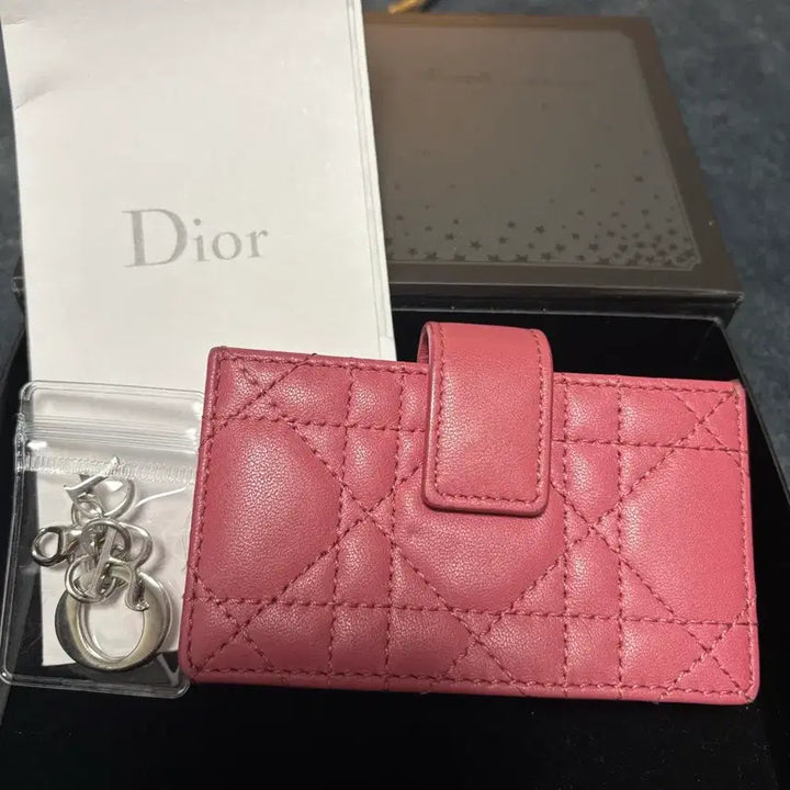 [BUNJANG] Dior Lady Dior Card Wallet + Keychain / 디올 레이디 디올 카드지갑 로즈 + 키링