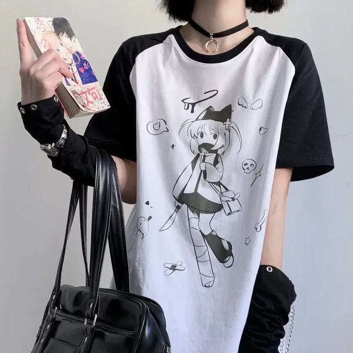 [BUNJANG] Anime Raglan Short Sleeve Oversized Daily T-Shirt / 양산형 애니메이션 래글런 반팔 오버사이즈 데일리룩 티셔츠(2컬러)