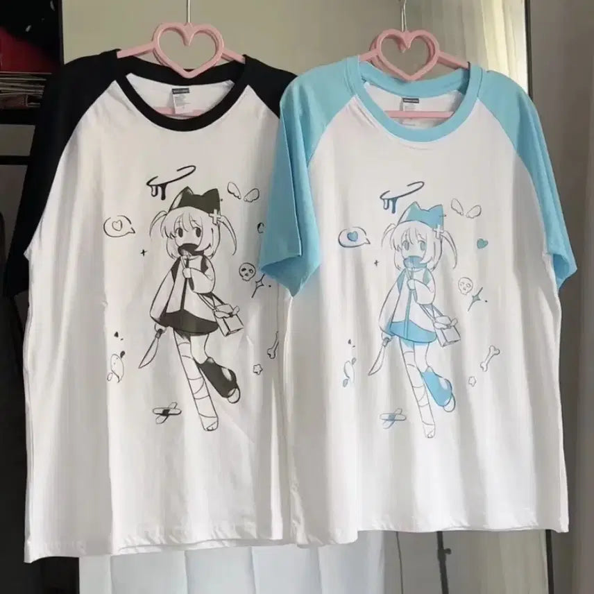 [BUNJANG] Anime Raglan Short Sleeve Oversized Daily T-Shirt / 양산형 애니메이션 래글런 반팔 오버사이즈 데일리룩 티셔츠(2컬러)