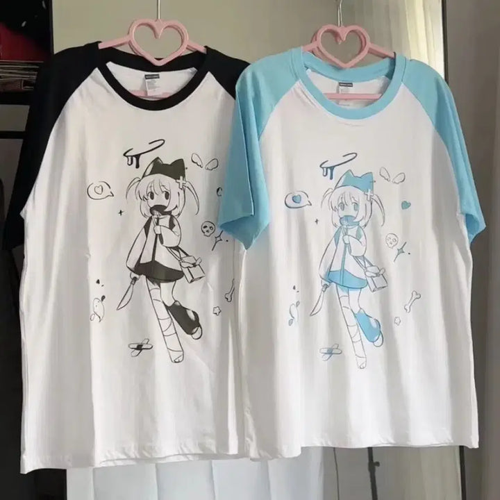 [BUNJANG] Anime Raglan Short Sleeve Oversized Daily T-Shirt / 양산형 애니메이션 래글런 반팔 오버사이즈 데일리룩 티셔츠(2컬러)