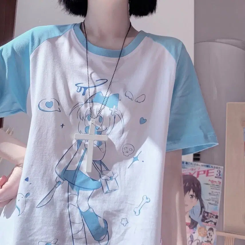 [BUNJANG] Anime Raglan Short Sleeve Oversized Daily T-Shirt / 양산형 애니메이션 래글런 반팔 오버사이즈 데일리룩 티셔츠(2컬러)