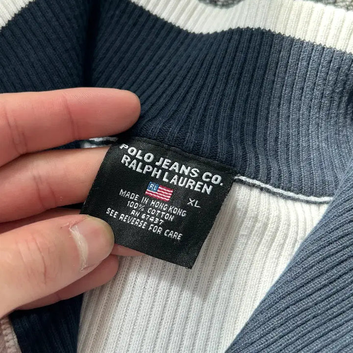 [BUNJANG] Polo Jeans American Flag Neck Logo Crop Half-Zip Knit / 폴로 진스 성조기 넥 로고 크롭 하프집업 니트