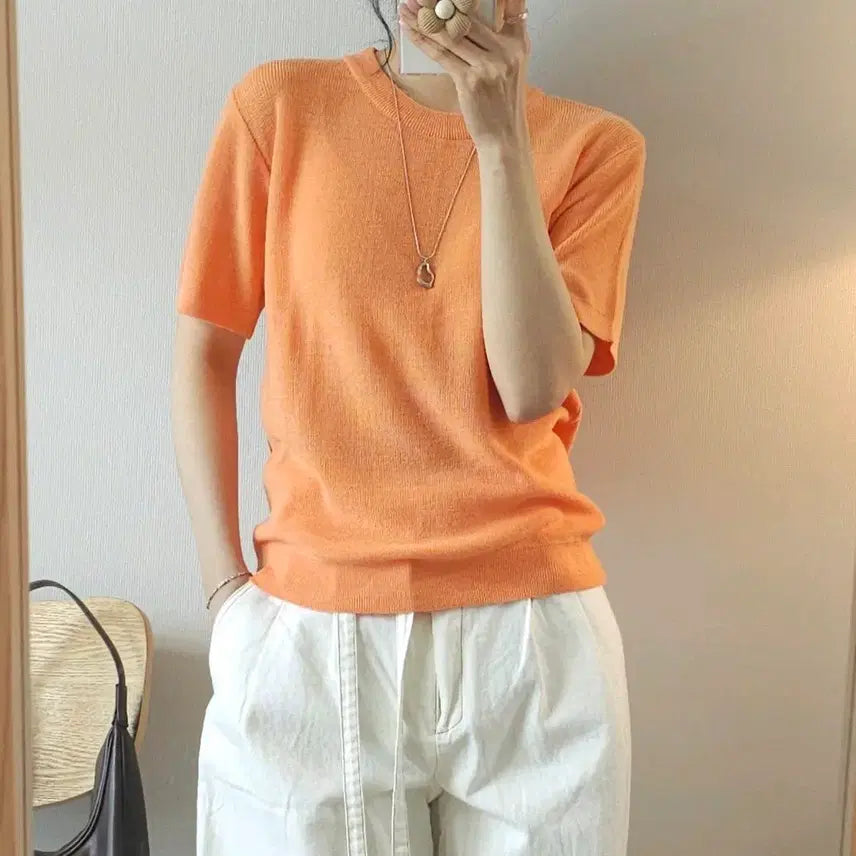 [BUNJANG] Orange Short-Sleeve Knit Top / (F)빨주노초 여성 반팔 니트 오렌지 L2W2936