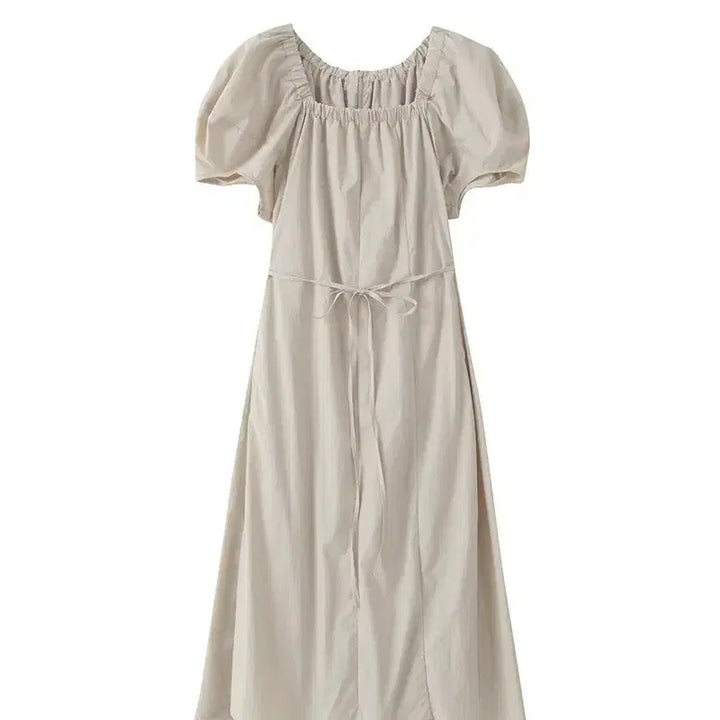 [BUNJANG] Etmont Puff Sleeve Dress Beige Long Dress / 에트몽 라인 디테일 퍼프소매 드레스롱원피스 베이지 55~77 프리사이즈