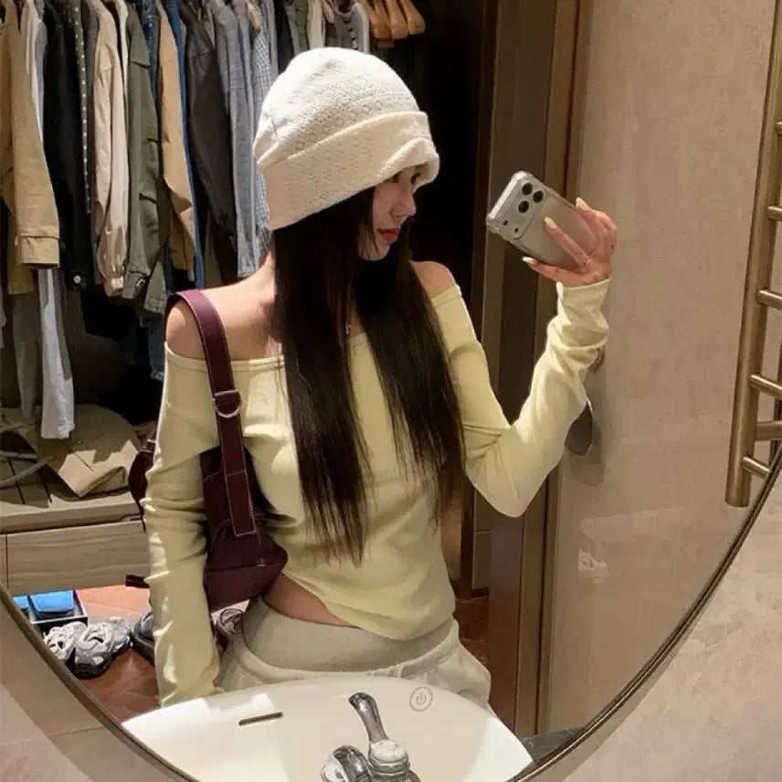 [BUNJANG] Vaydelhi Pub Off-Shoulder Long Sleeve T-Shirt - Lemon / 새상품) 베이델리 퍼브 오프셜더 긴팔 티셔츠 레몬