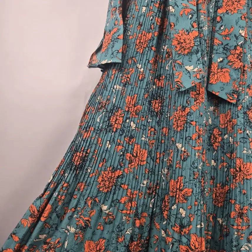 [BUNJANG] F Span Floral Pleated Long Sleeve Maxi Dress / [무료배송]여성 F 스판 플라워 플리츠 타이 긴팔 롱 원피스