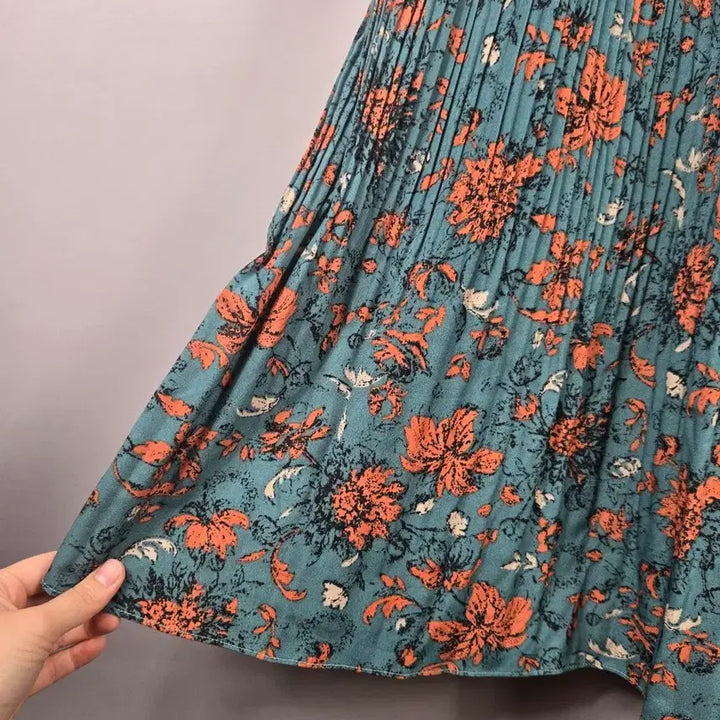 [BUNJANG] F Span Floral Pleated Long Sleeve Maxi Dress / [무료배송]여성 F 스판 플라워 플리츠 타이 긴팔 롱 원피스