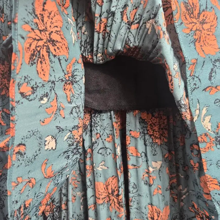 [BUNJANG] F Span Floral Pleated Long Sleeve Maxi Dress / [무료배송]여성 F 스판 플라워 플리츠 타이 긴팔 롱 원피스