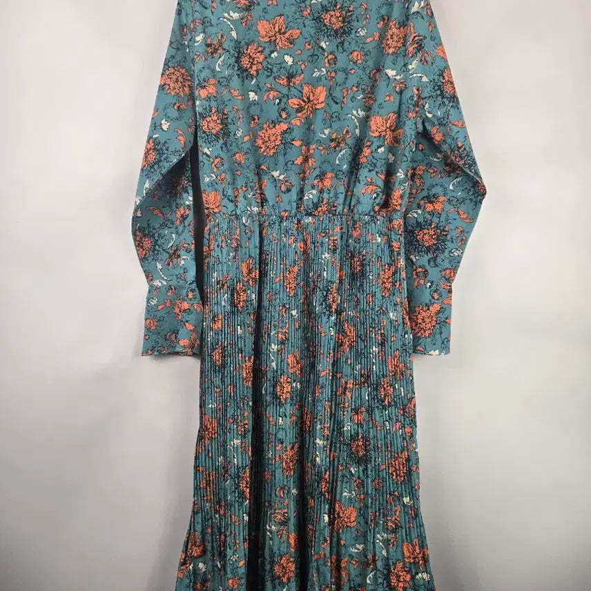 [BUNJANG] F Span Floral Pleated Long Sleeve Maxi Dress / [무료배송]여성 F 스판 플라워 플리츠 타이 긴팔 롱 원피스