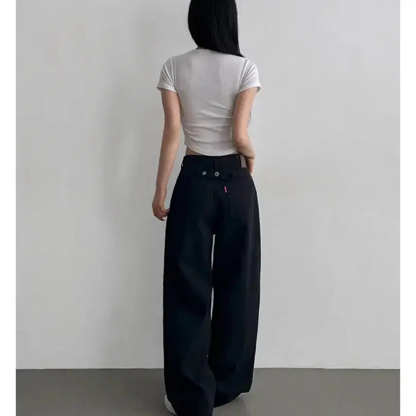 [BUNJANG] Avely Wide Black Pants / 에이블리 비조 백포인트 와이드 블랙 팬츠
