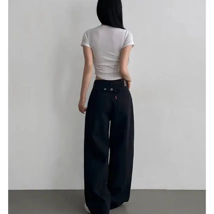 [BUNJANG] Avely Wide Black Pants / 에이블리 비조 백포인트 와이드 블랙 팬츠