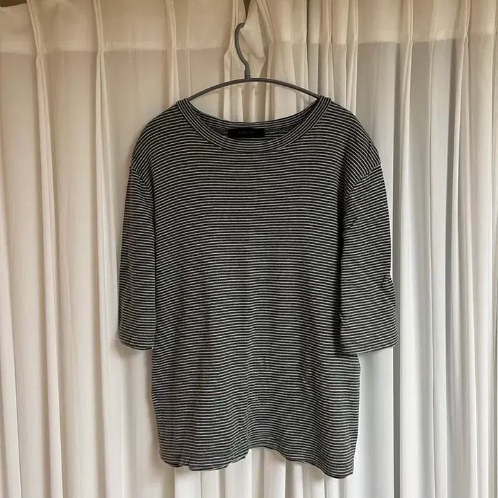[BUNJANG] Charcoal &amp; White Stripe 7/10 Sleeve T-Shirt / 챠콜&amp;화이트 스트라이프 7부티셔츠
