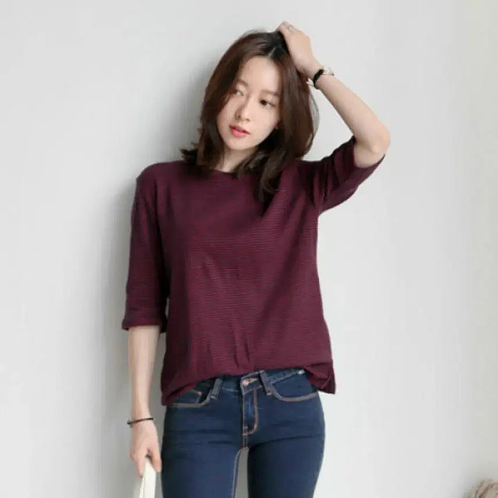 [BUNJANG] Charcoal &amp; White Stripe 7/10 Sleeve T-Shirt / 챠콜&amp;화이트 스트라이프 7부티셔츠