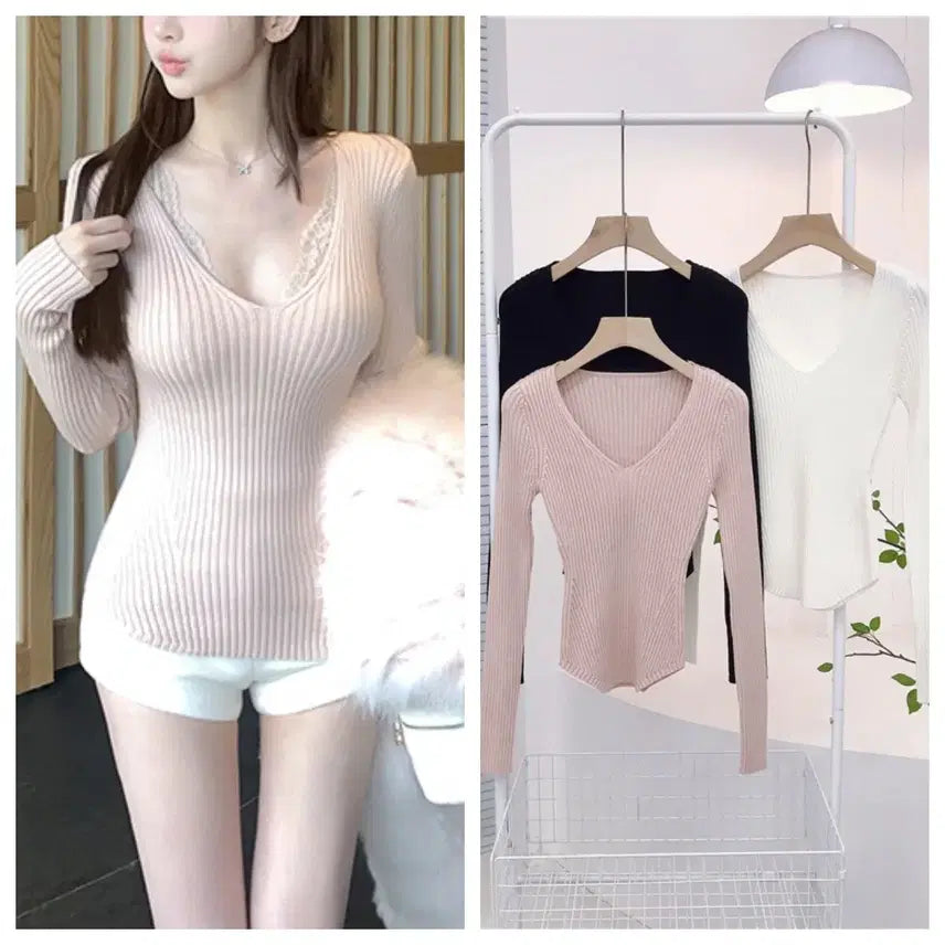 [BUNJANG] Cherry Blossom V-Neck Off-Shoulder Ribbed Knit - Pink / [새상품/빠른발송] 벚꽃 브이넥 오프숄더 골지 니트 핑크