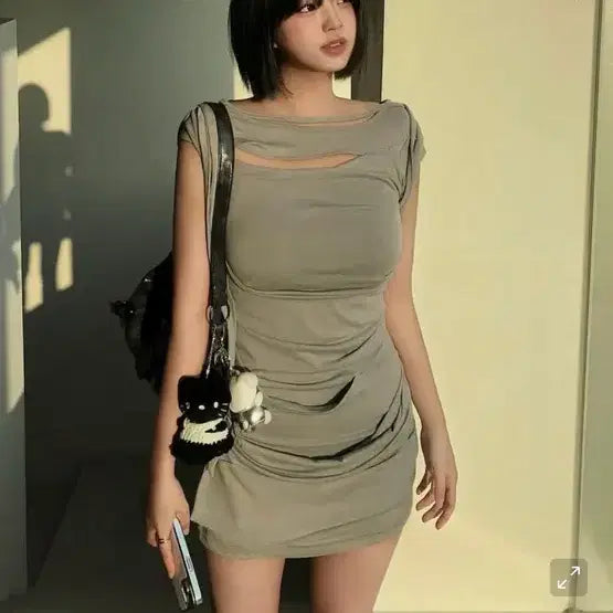 [BUNJANG] Flareup Drape Strap Roll Up Mini Dress / 플레어업 드레이프 스트랩 롤 업 미니드레스