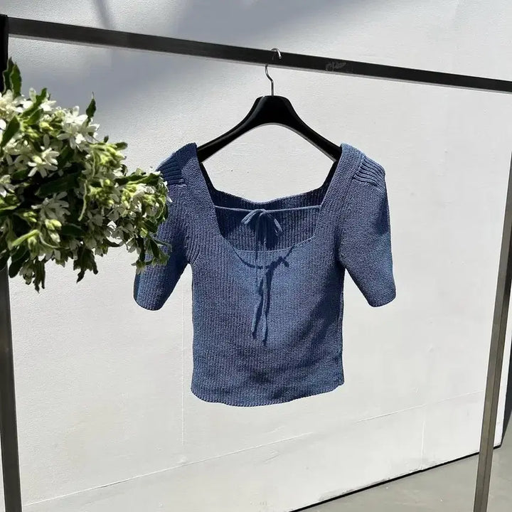 [BUNJANG] Dragon Blues Square Neck Puff Knit Top - Blue Denim / 드래곤블루스 스퀘어넥 퍼프 니트 탑 - 블루 데님