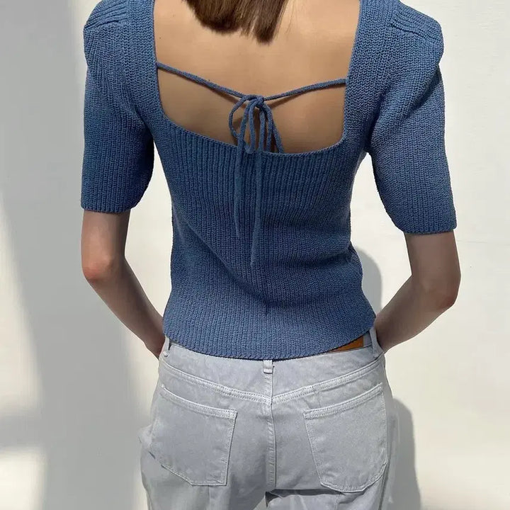 [BUNJANG] Dragon Blues Square Neck Puff Knit Top - Blue Denim / 드래곤블루스 스퀘어넥 퍼프 니트 탑 - 블루 데님