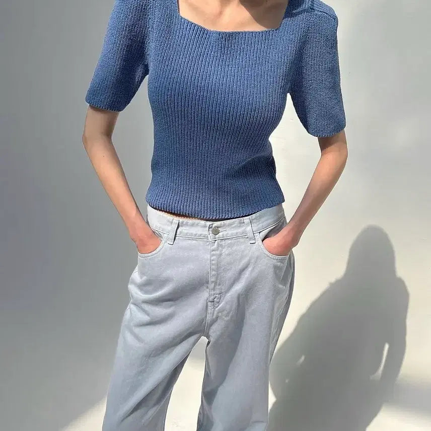 [BUNJANG] Dragon Blues Square Neck Puff Knit Top - Blue Denim / 드래곤블루스 스퀘어넥 퍼프 니트 탑 - 블루 데님
