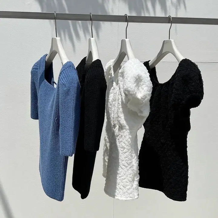 [BUNJANG] Dragon Blues Square Neck Puff Knit Top - Blue Denim / 드래곤블루스 스퀘어넥 퍼프 니트 탑 - 블루 데님