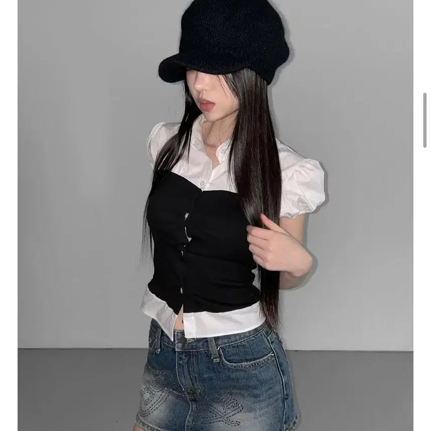 [BUNJANG] The Air Town myaco bl Layered Short Sleeve Blouse / 디에어타운 myaco bl 레이어드 반팔 블라우스