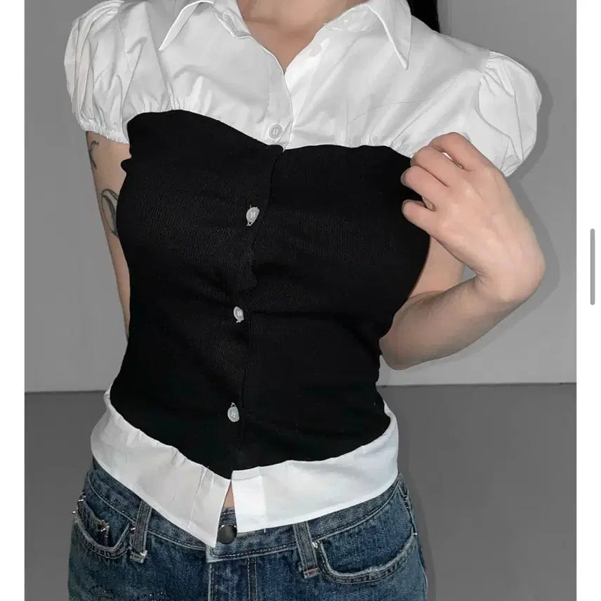 [BUNJANG] The Air Town myaco bl Layered Short Sleeve Blouse / 디에어타운 myaco bl 레이어드 반팔 블라우스